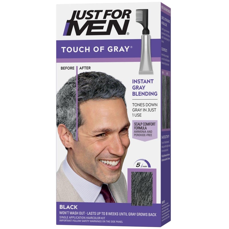 Just For Men مجرد للرجال لمسة من الرمادي، مجموعة صبغة شعر للرجال مع مشط للتطبيق السهل، رائعة لمظهر الملح والفلفل - أسود، T-55، عبوة من 1 - Image 1