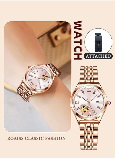 Women's Steel Strap Quartz Watch Analog Display Round Dial with Rhinestones Decoration and Hollow Heart Pattern Waterproof Luminous Wristwatch as Gift for Ladies