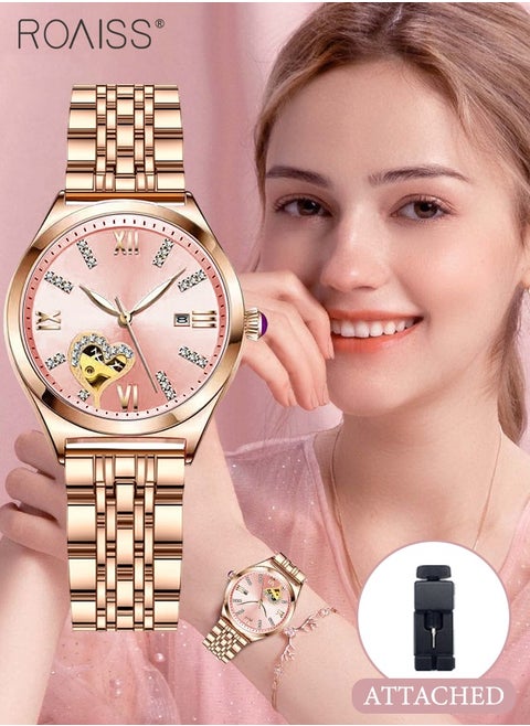Women's Steel Strap Quartz Watch Analog Display Round Dial with Rhinestones Decoration and Hollow Heart Pattern Waterproof Luminous Wristwatch as Gift for Ladies