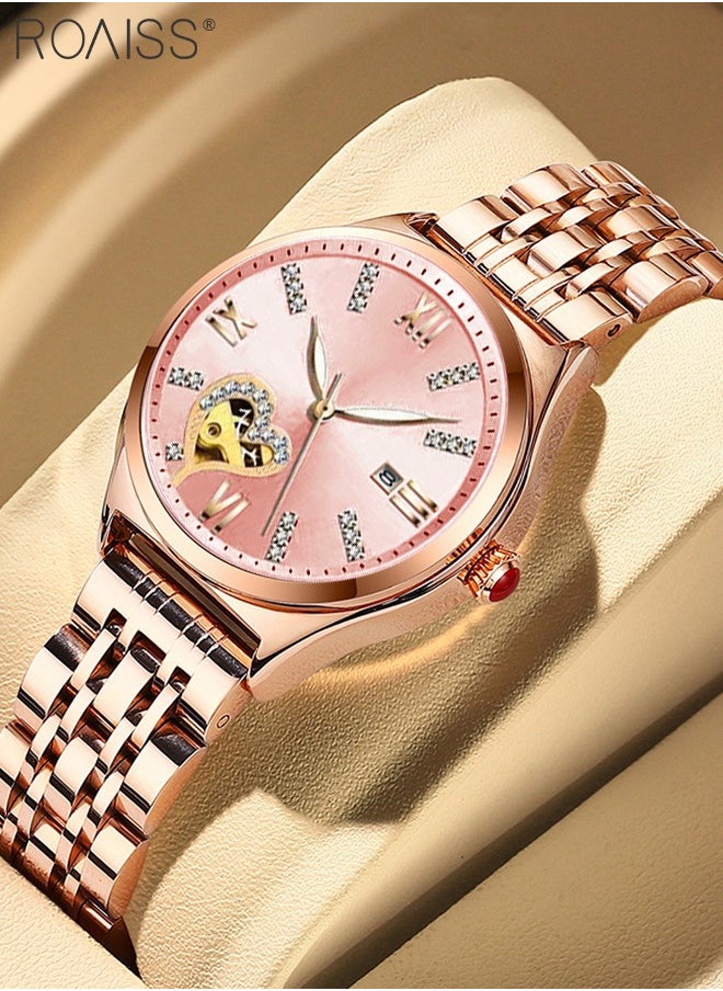 roaiss - Women's Steel Strap Quartz Watch Analog Display Round Dial with Rhinestones Decoration and Hollow Heart Pattern Waterproof Luminous Wristwatch as Gift for Ladies - Image 1