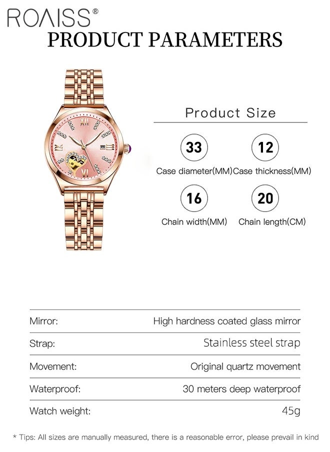 roaiss - Women's Steel Strap Quartz Watch Analog Display Round Dial with Rhinestones Decoration and Hollow Heart Pattern Waterproof Luminous Wristwatch as Gift for Ladies - Image 1