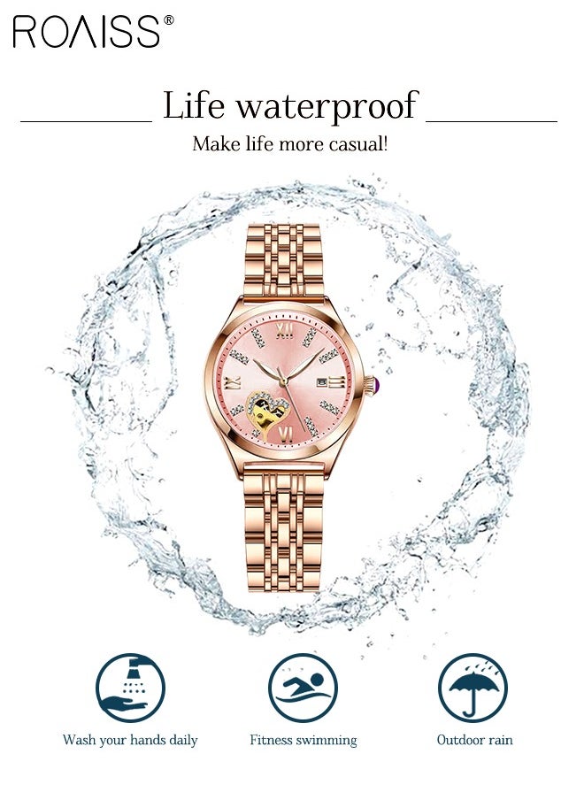 roaiss - Women's Steel Strap Quartz Watch Analog Display Round Dial with Rhinestones Decoration and Hollow Heart Pattern Waterproof Luminous Wristwatch as Gift for Ladies - Image 1