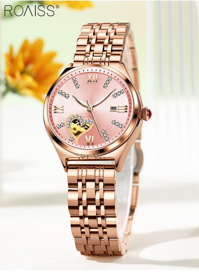 roaiss - Women's Steel Strap Quartz Watch Analog Display Round Dial with Rhinestones Decoration and Hollow Heart Pattern Waterproof Luminous Wristwatch as Gift for Ladies - Image 1