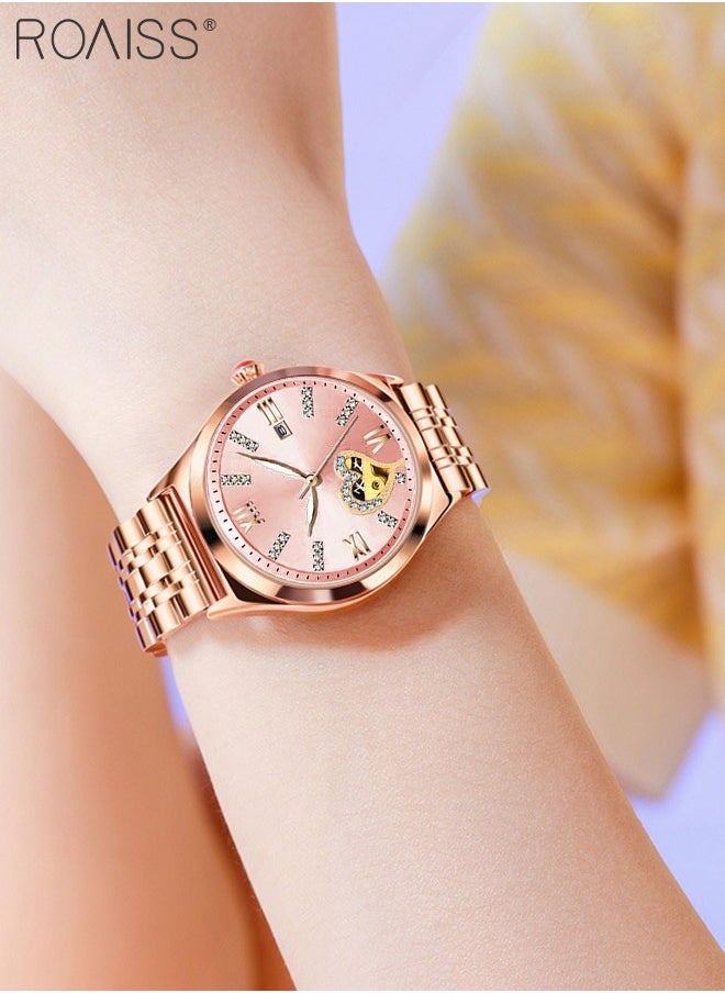 roaiss - Women's Steel Strap Quartz Watch Analog Display Round Dial with Rhinestones Decoration and Hollow Heart Pattern Waterproof Luminous Wristwatch as Gift for Ladies - Image 1