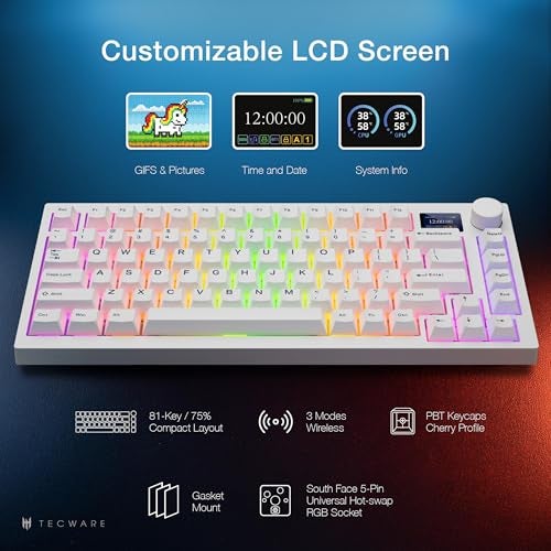 TECWARE Spectre 75% RGB Mechanical Gaming Keyboard with Customizable LCD Screen, Multi-Function Knob, Gasket Mount, South Face 5-Pin Universal Hot-Swappable Sockets White Candy Red Switch - Image 4