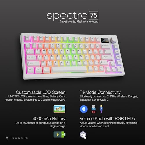 TECWARE Spectre 75% RGB Mechanical Gaming Keyboard with Customizable LCD Screen, Multi-Function Knob, Gasket Mount, South Face 5-Pin Universal Hot-Swappable Sockets White Candy Red Switch - Image 2