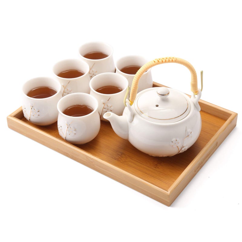 Dujust Japanese Tea Set White Porcelain Tea Set with 1 Teapot Set 6 Tea Cups 1 Tea Tray 1 Stainless Infuser Cute Asian Tea Sets for AdultsTea LoverWomenMen Plum in Golden