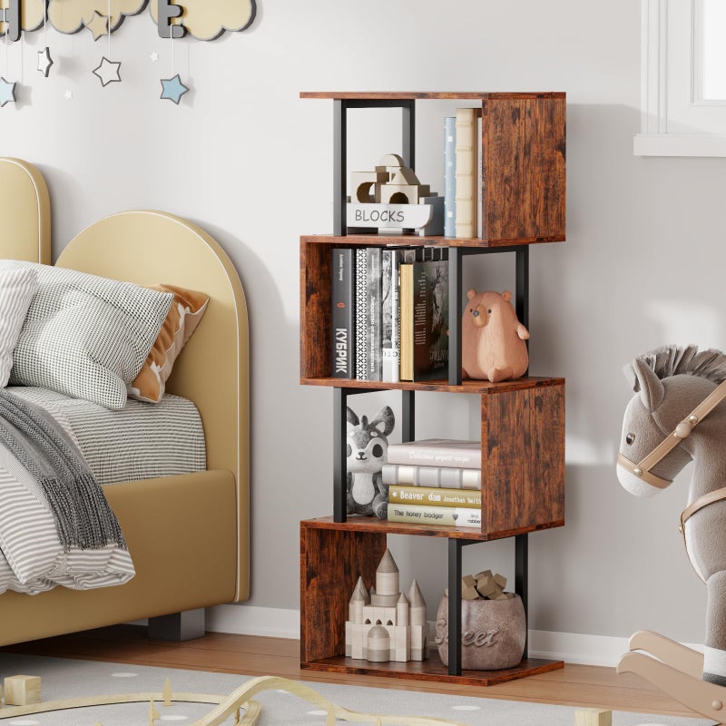 Furologee 5 Tier Bookshelf, S Shaped Geometric Bookcase, Narrow Freestanding Display Shelves, Modern Wood Decorative Storage Rack for Bedroom, Living Room, Home Office, Rustic Brown - Image 4