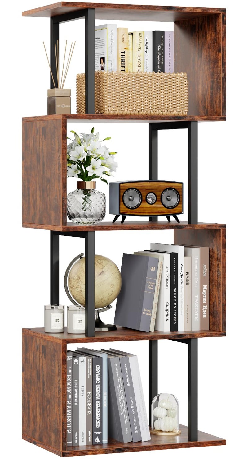 Furologee 5 Tier Bookshelf, S Shaped Geometric Bookcase, Narrow Freestanding Display Shelves, Modern Wood Decorative Storage Rack for Bedroom, Living Room, Home Office, Rustic Brown - Image 1