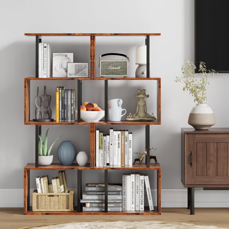 Furologee 5 Tier Bookshelf, S Shaped Geometric Bookcase, Narrow Freestanding Display Shelves, Modern Wood Decorative Storage Rack for Bedroom, Living Room, Home Office, Rustic Brown - Image 3