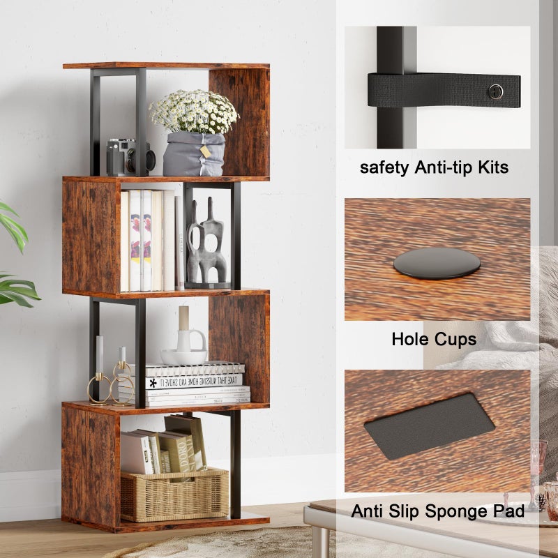 Furologee 5 Tier Bookshelf, S Shaped Geometric Bookcase, Narrow Freestanding Display Shelves, Modern Wood Decorative Storage Rack for Bedroom, Living Room, Home Office, Rustic Brown - Image 5