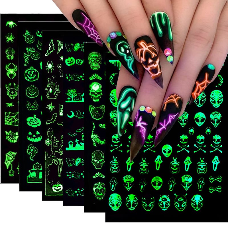 Halloween Nail Art Stickers Decals Fall Scary Ghost Skull Nail Decoration 3D SelfAdhesive Glow in The Dark The Day of Dead Acrylic Nail Supplies for Women Girls6Pcs