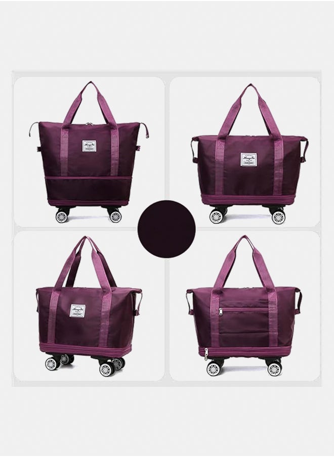 Generic Travel Tote Bags with Trolley Sleeve Expandable Extra Waterproof Oxford Duffel Bag with Wheels (Purplish Red, Detachable Wheels)  - Image 2
