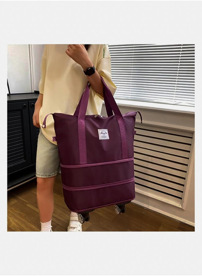 Generic Travel Tote Bags with Trolley Sleeve Expandable Extra Waterproof Oxford Duffel Bag with Wheels (Purplish Red, Detachable Wheels)  - Image 3
