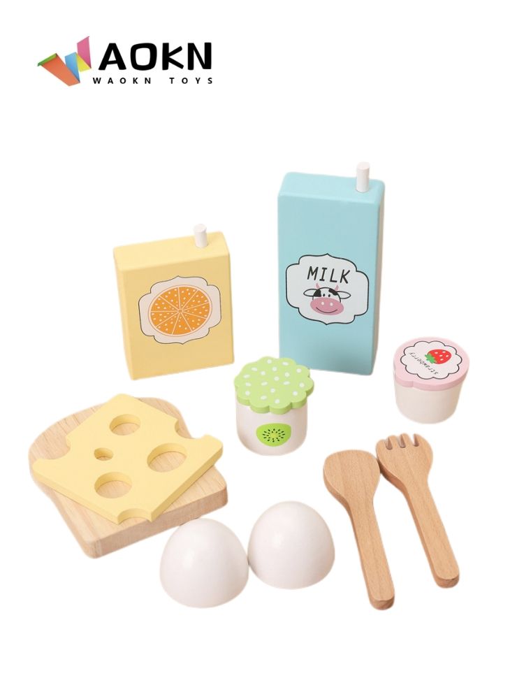 WAOKN Wooden 10 Pieces Packing Kids Pretend Play Early Education Toys Simulation Breakfast Children Milk Bread Eggs Knife And Fork Set