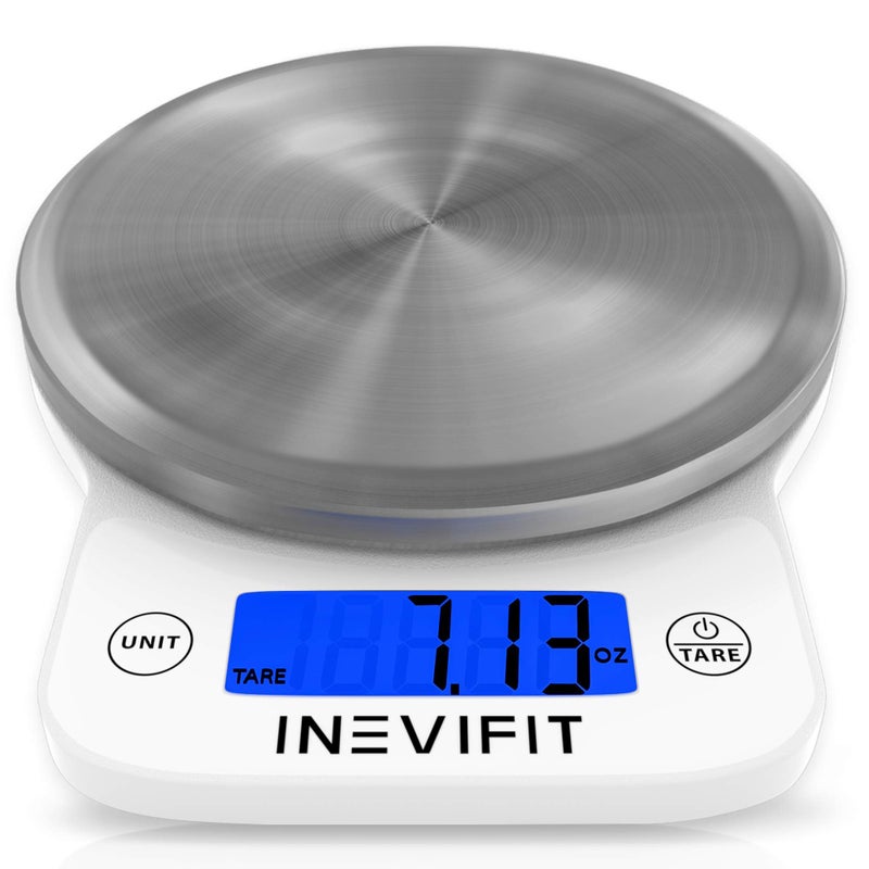 INEVIFIT Digital Kitchen Scale Highly Accurate Multifunction Food Scale 13 lbs 6kgs Max Clean Modern White with Premium Stainless Steel Finish Includes Batteries