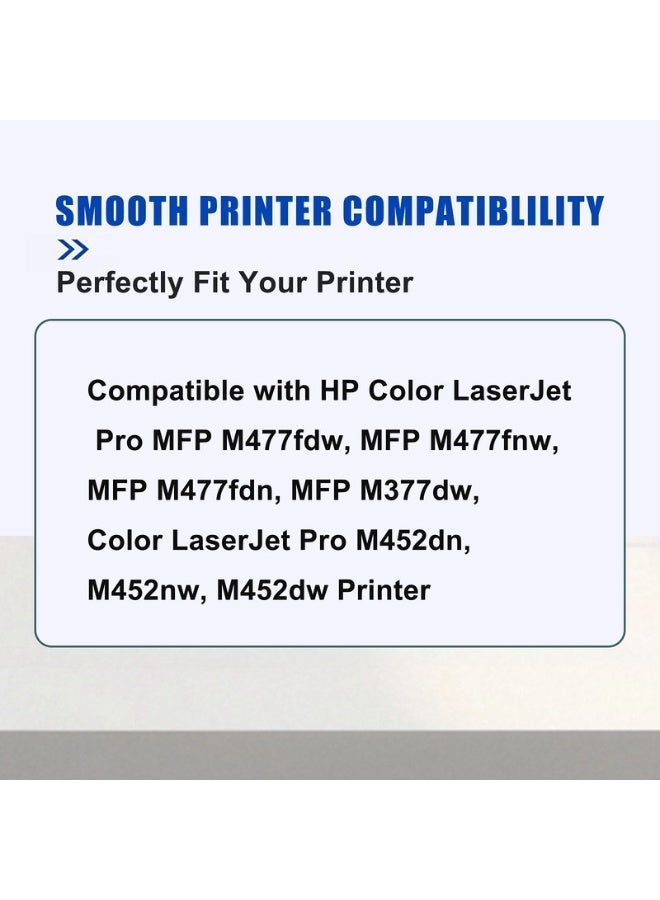 عبوة من 4 خراطيش حبر متوافقة مع HP 410A CF410A CF411A CF412A CF413A لطابعات HP Color LaserJet Pro MFP M477fdw M477fnw M477fdn M452dn M452nw M452dw M377dw (أسود، سماوي، أصفر، أرجواني) - Image 3