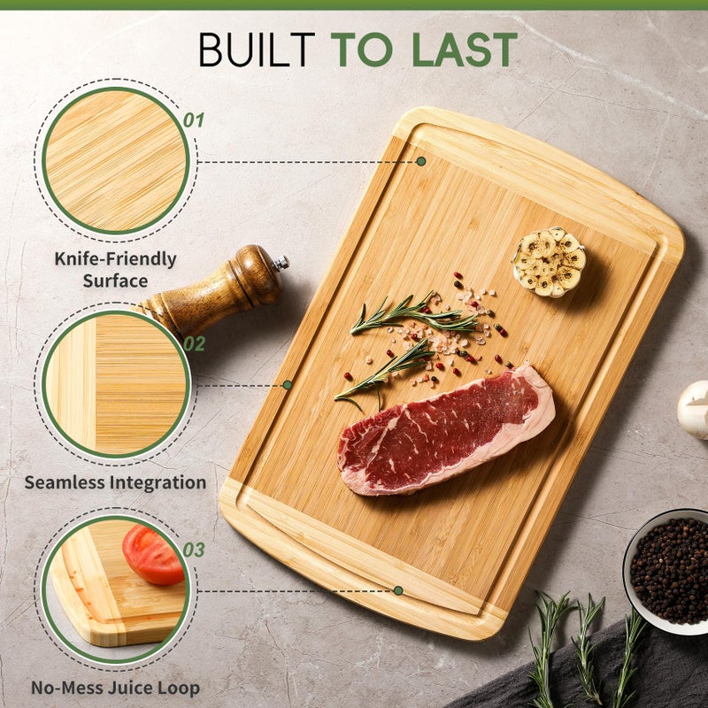 Hiware Large Wooden Cutting Board for Kitchen Meal Prep & Serving - Bamboo Cutting Boards with Juice Groove Side Handles, Charcuterie & Chopping Butcher Block - 100% Organic Bamboo, Pre Oiled, 16" x 10" - Image 2