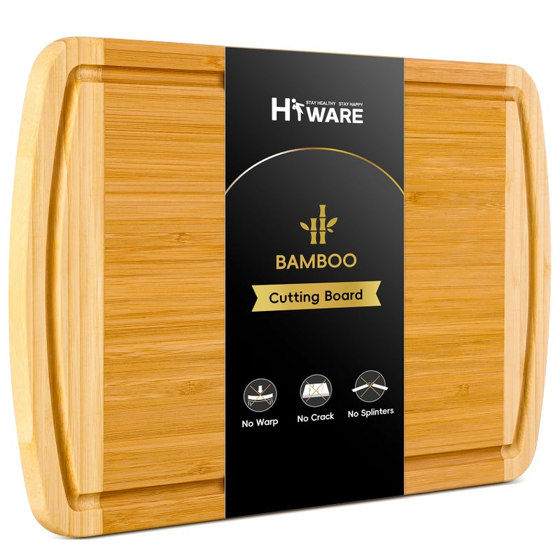 Hiware Large Wooden Cutting Board for Kitchen Meal Prep & Serving - Bamboo Cutting Boards with Juice Groove Side Handles, Charcuterie & Chopping Butcher Block - 100% Organic Bamboo, Pre Oiled, 16" x 10" - Image 1