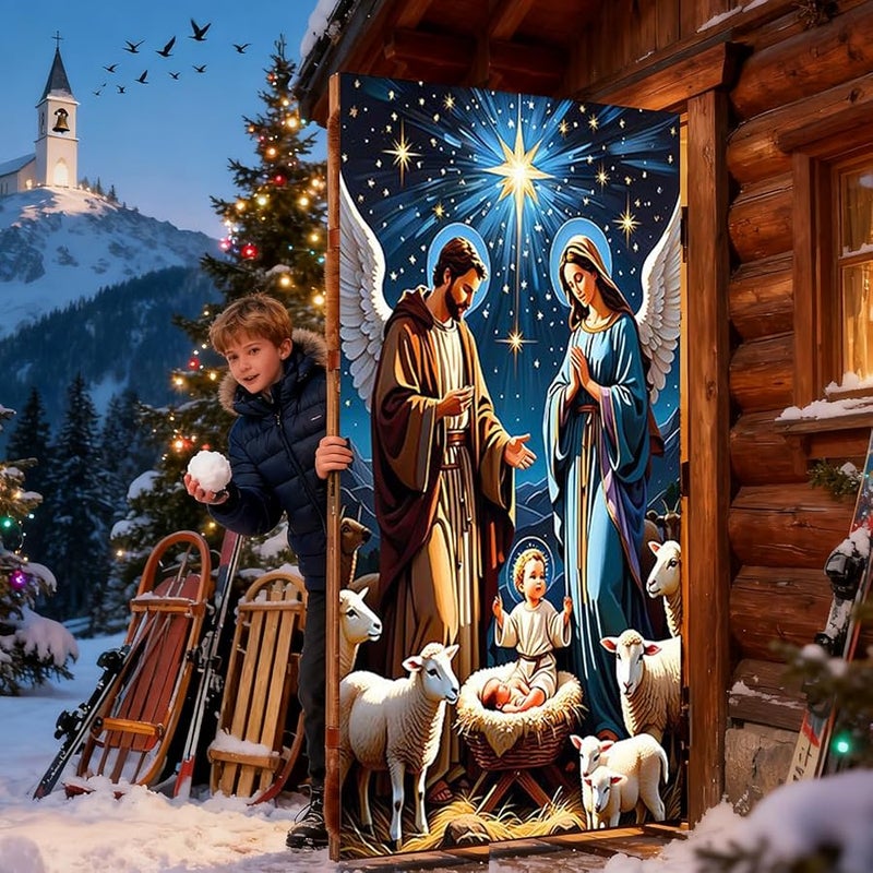 Christmas Nativity Scene Garage Door Cover Fabric Religious Holiday Banner - Image 3