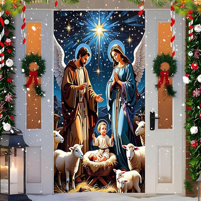 Christmas Nativity Scene Garage Door Cover Fabric Religious Holiday Banner - Image 4