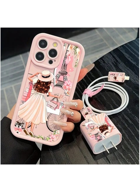 5 Pcs Set, I phone 16 Pro Max Mobile Phone Case , Charger Protective, Data Cable Protective Cable, Silicone Data cable Strap, Bamboo Pink Girl Anti-Fall