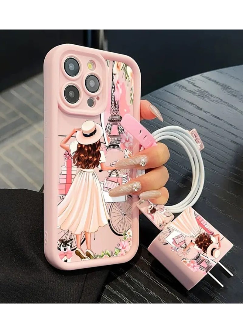 5 Pcs Set, I phone 16 Pro Max Mobile Phone Case , Charger Protective, Data Cable Protective Cable, Silicone Data cable Strap, Bamboo Pink Girl Anti-Fall