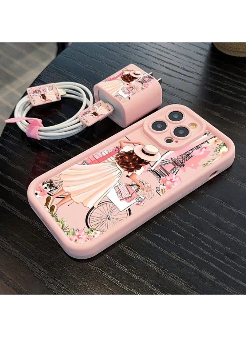 5 Pcs Set, I phone 16 Pro Max Mobile Phone Case , Charger Protective, Data Cable Protective Cable, Silicone Data cable Strap, Bamboo Pink Girl Anti-Fall