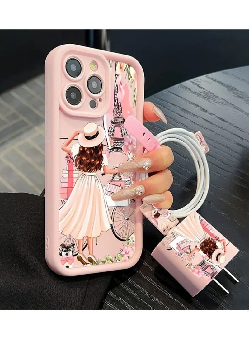 LDQ 5 Pcs Set, I phone 16 Pro Max Mobile Phone Case , Charger Protective, Data Cable Protective Cable, Silicone Data cable Strap, Bamboo Pink Girl Anti-Fall - Image 2