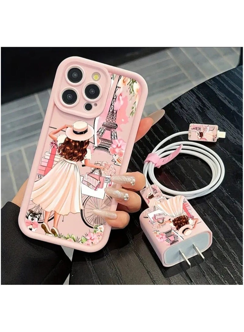 LDQ 5 Pcs Set, I phone 16 Pro Max Mobile Phone Case , Charger Protective, Data Cable Protective Cable, Silicone Data cable Strap, Bamboo Pink Girl Anti-Fall - Image 1