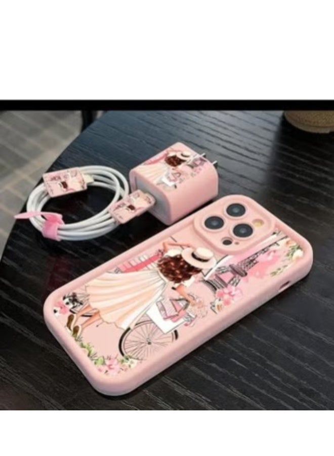 LDQ 5 Pcs Set, I phone 16 Pro Max Mobile Phone Case , Charger Protective, Data Cable Protective Cable, Silicone Data cable Strap, Bamboo Pink Girl Anti-Fall - Image 5