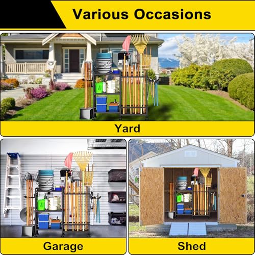 GIOTORENT 6 Tier Garden Tool Organizer, Garage Storage and Organization, Metal Yard Tools Storage Rack, Heavy Duty Garden Tool Organizer for Garage, Yard, Patio, Shed, Indoors and Outdoors, Black - Image 4