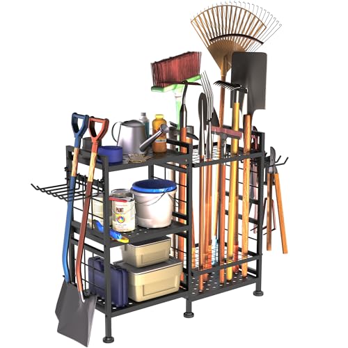 GIOTORENT 6 Tier Garden Tool Organizer, Garage Storage and Organization, Metal Yard Tools Storage Rack, Heavy Duty Garden Tool Organizer for Garage, Yard, Patio, Shed, Indoors and Outdoors, Black - Image 1
