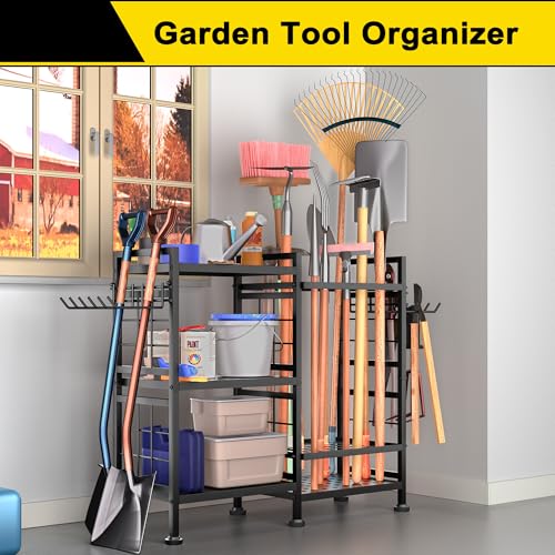 GIOTORENT 6 Tier Garden Tool Organizer, Garage Storage and Organization, Metal Yard Tools Storage Rack, Heavy Duty Garden Tool Organizer for Garage, Yard, Patio, Shed, Indoors and Outdoors, Black - Image 2