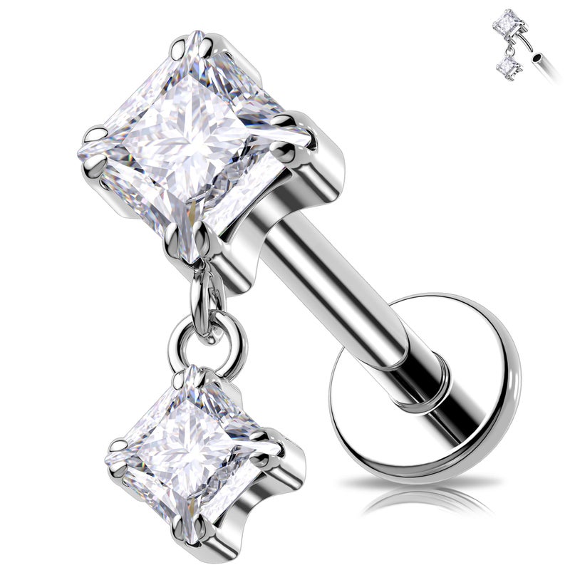 Melighting 16G Threaded Earring Titanium G23 Dangle Cartilage Earring Square Threadless Push in Flat Back Earring Clear CZ Helix Earring Labret Tragus Stud for Women 6 mm - Image 1