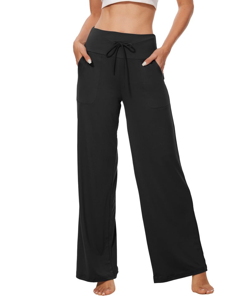 ZOOSIXX Soft Black Pajama Pants for Women, Wide Leg Comfy Casual Lounge Yoga Capri Pants 22'' / 30'' - Image 1