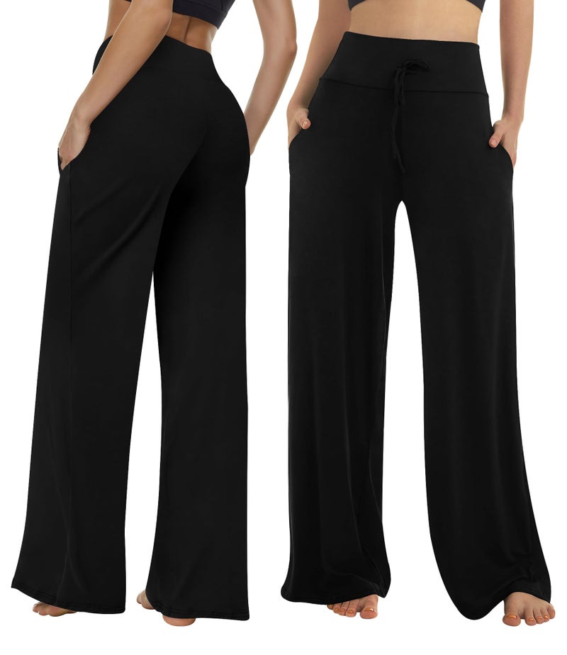ZOOSIXX Soft Black Pajama Pants for Women, Wide Leg Comfy Casual Lounge Yoga Capri Pants 22'' / 30'' - Image 2