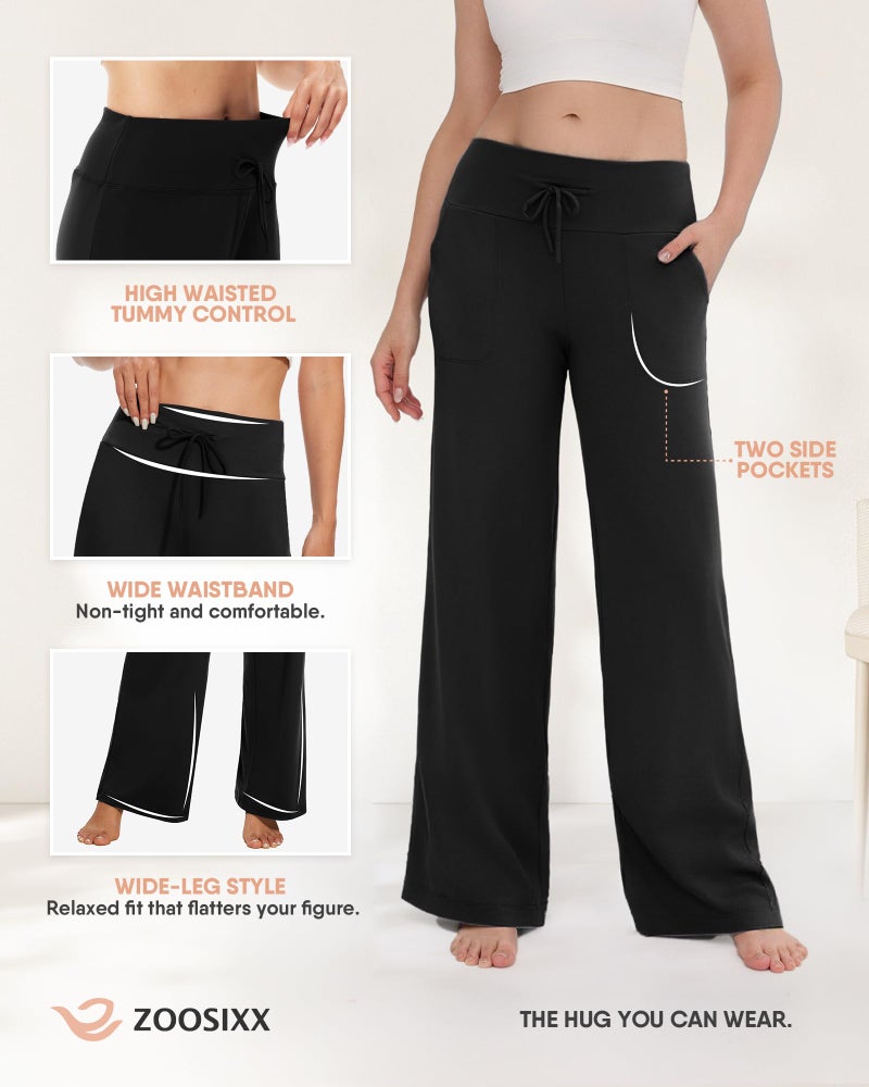 ZOOSIXX Soft Black Pajama Pants for Women, Wide Leg Comfy Casual Lounge Yoga Capri Pants 22'' / 30'' - Image 4