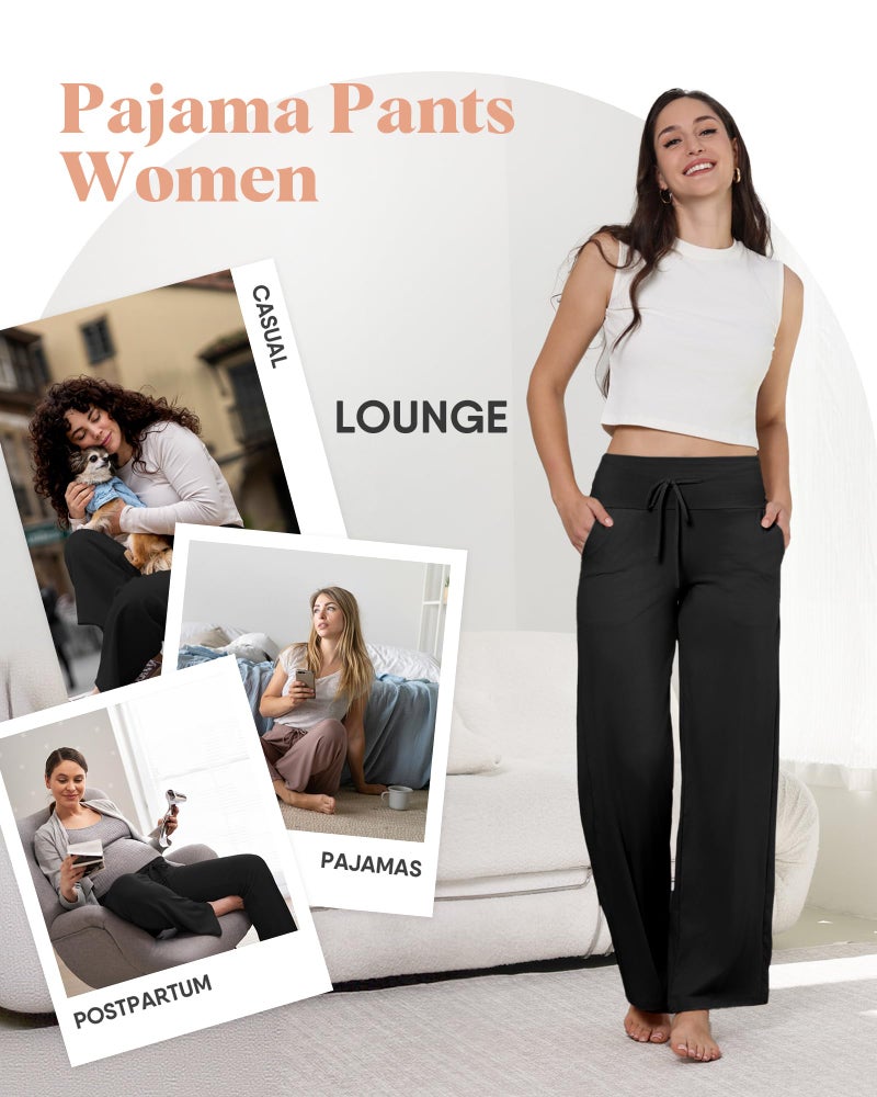 ZOOSIXX Soft Black Pajama Pants for Women, Wide Leg Comfy Casual Lounge Yoga Capri Pants 22'' / 30'' - Image 5