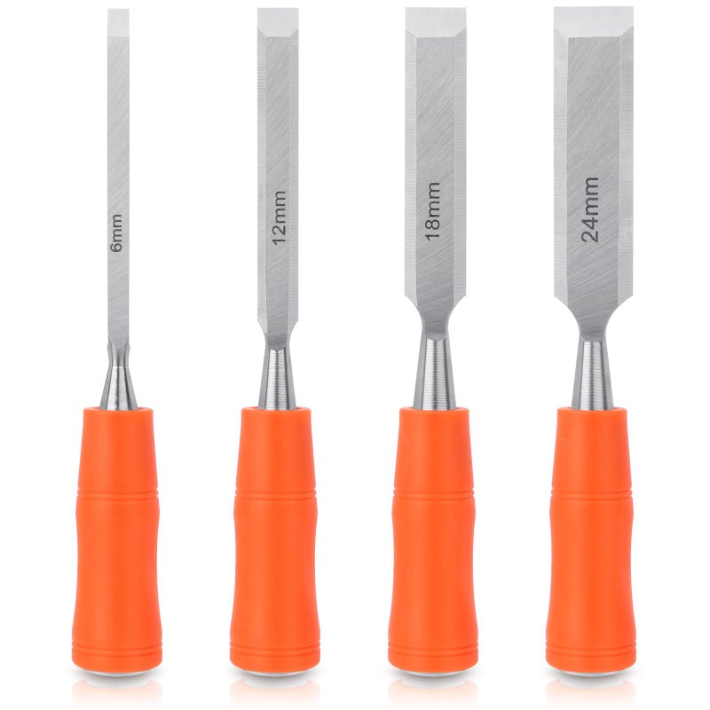 4 Piece Wood Chisel Sets Woodworking Tools Set Wood Chisels for Woodworking with Steel Hammer End Wood Tools Chisel Set Woodworking with Ergonomic Plastic Handle 6mm 12mm 18mm 24mm