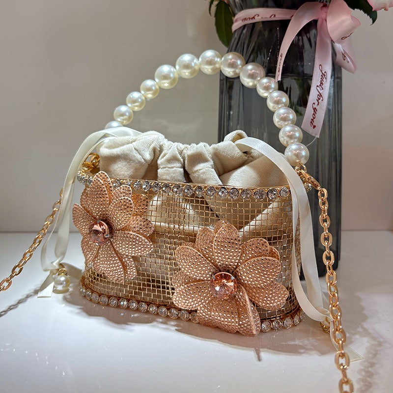 Retro Fashion Diamond-Encrusted Rhinestone Flower Metallic Bucket Bag Small Fragrant Style Hollow High-End Handbag - Image 1