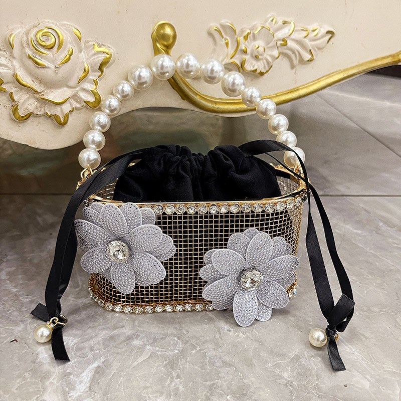 Retro Fashion Diamond-Encrusted Rhinestone Flower Metallic Bucket Bag Small Fragrant Style Hollow High-End Handbag - Image 2
