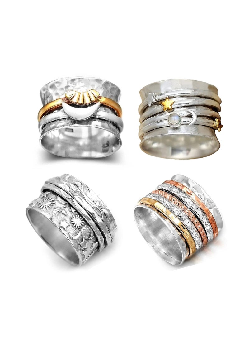 KASTWAVE Anxiety Fidget Rings Decompression Ring Stainless Steel Spinner Ring Set 4Pcs Spinning Moon Star Yin-Yang Cool Stress Relieving Rings - Image 1