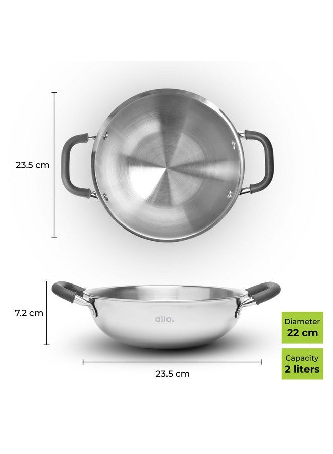 Allo Allo Triply Stainless Steel Kadhai with Handles|Perfect Kadhai for Curry/Stir-Fry/Deep-Fry/DryVeg/Saute Induction Friendly Naturally Non-Stick | 10 Years Warranty, 22cm, 2 litres Without lid  - Image 2