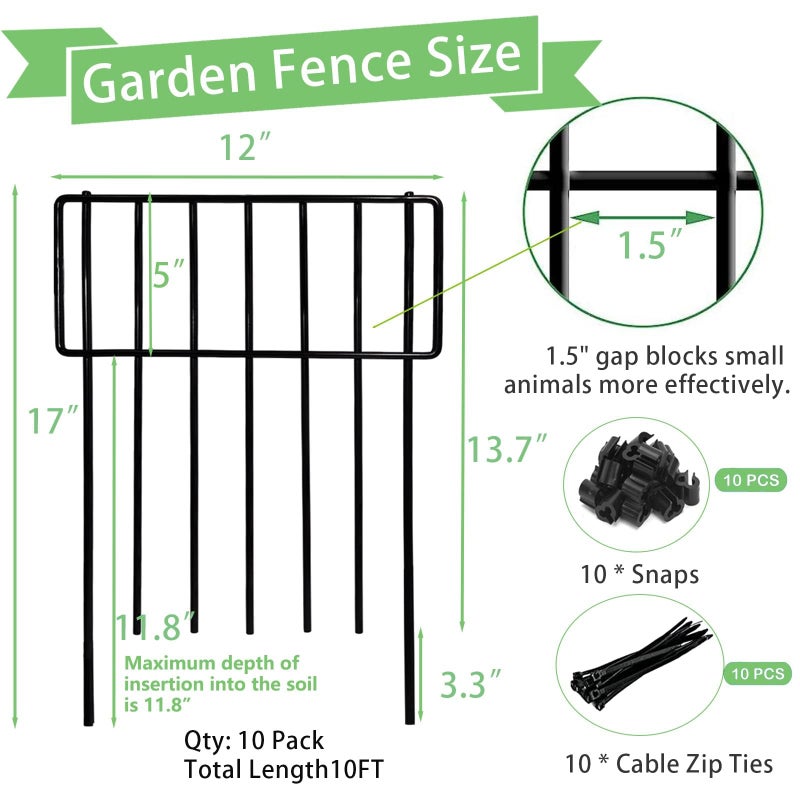 Thrivinest 10 Pack Animal Barrier, No Dig Decorative Fence, 17in(H) x10ft(L) Rustproof Metal Small Garden Fence Border for Dogs Rabbits, Bottom Blocker for Outdoor Yard Patio - Image 2
