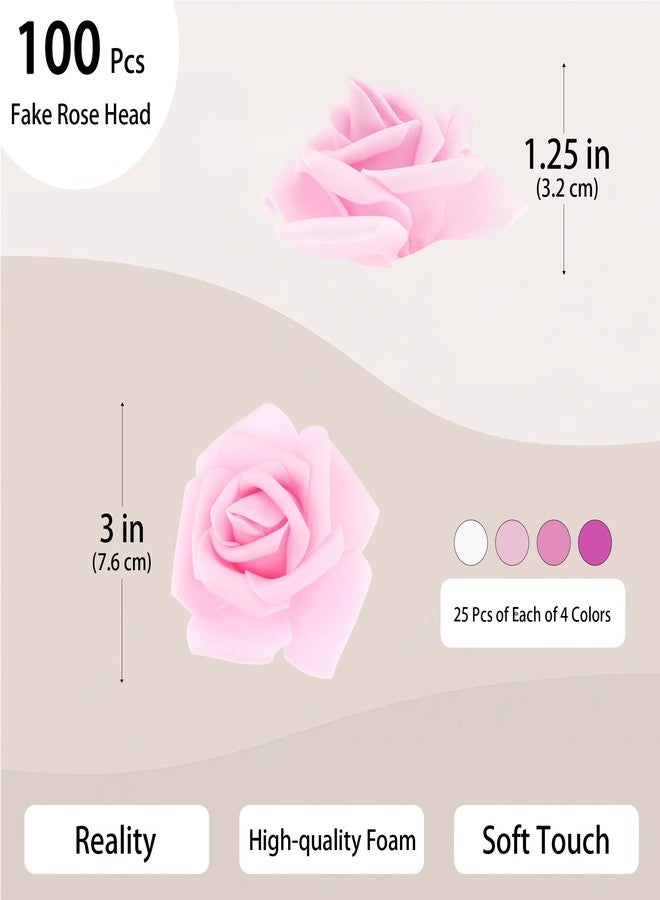 Vignor 100 Pcs 3 Inch Artificial Flowers Bulk 5 in 1 Set Faux Foam Fake Rose Head Wedding Decoration Bridal Shower Centerpiece Arrangement Wall Table Decor DIY Craft (4 Shades of Pink White) - Image 2