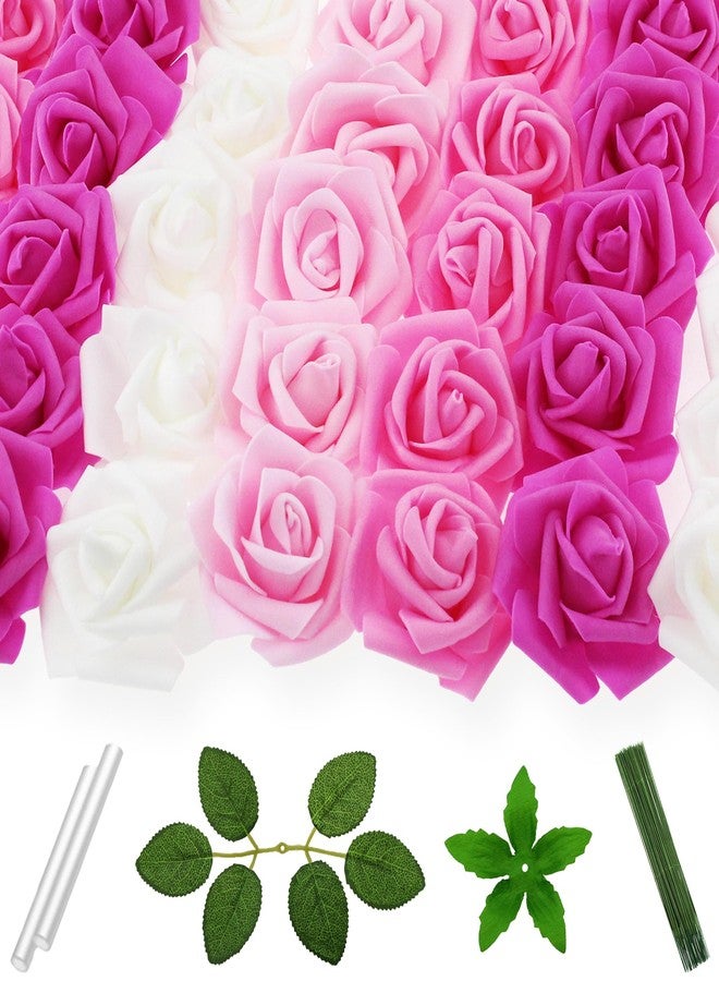 Vignor 100 Pcs 3 Inch Artificial Flowers Bulk 5 in 1 Set Faux Foam Fake Rose Head Wedding Decoration Bridal Shower Centerpiece Arrangement Wall Table Decor DIY Craft (4 Shades of Pink White) - Image 1