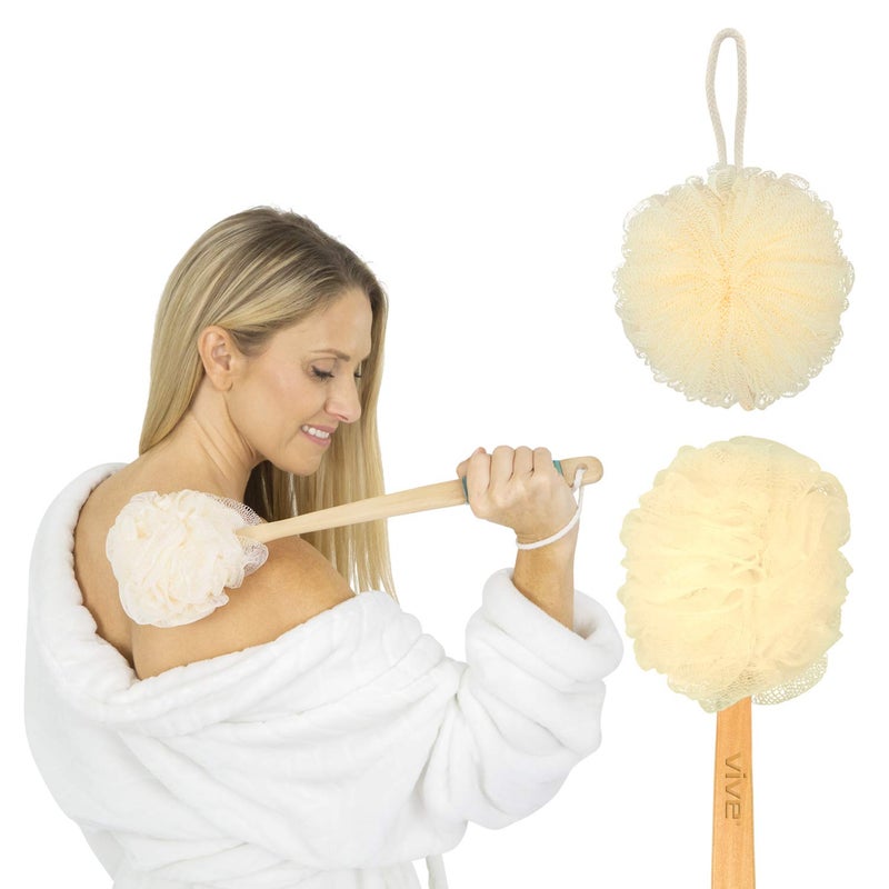 Vive 17” Shower Loofah with Long Handle - Exfoliating Back & Body Scrubber for Men & Women - Luffa Sponge on a Stick for Bathing, Cleaning - Includes Extra Handheld Lufa, Hook & String to Hang on Wall - Image 1