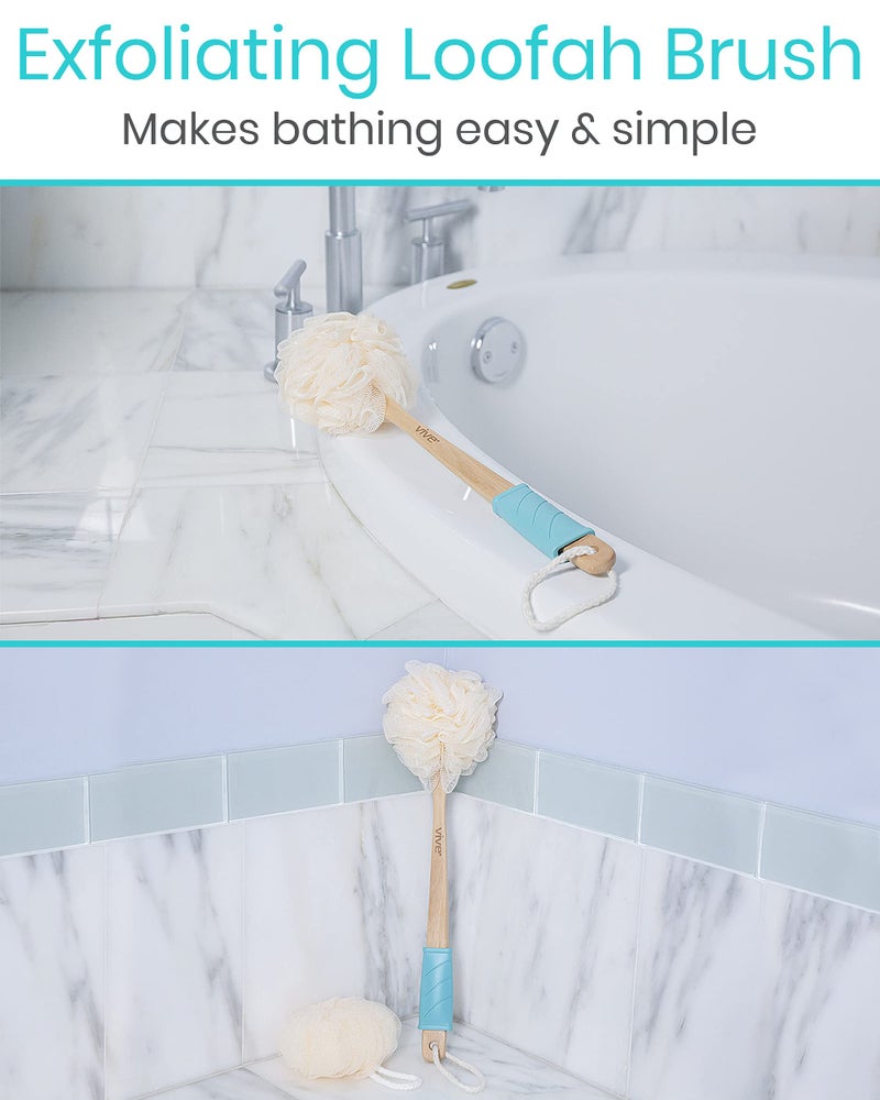 Vive 17” Shower Loofah with Long Handle - Exfoliating Back & Body Scrubber for Men & Women - Luffa Sponge on a Stick for Bathing, Cleaning - Includes Extra Handheld Lufa, Hook & String to Hang on Wall - Image 4
