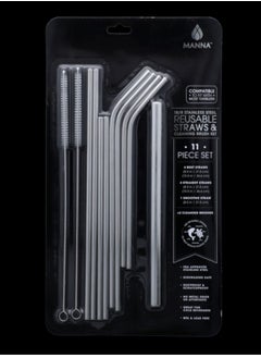 11 Piece Reusable Stainless Steel Straw and Cleaning Brush Set Silver
